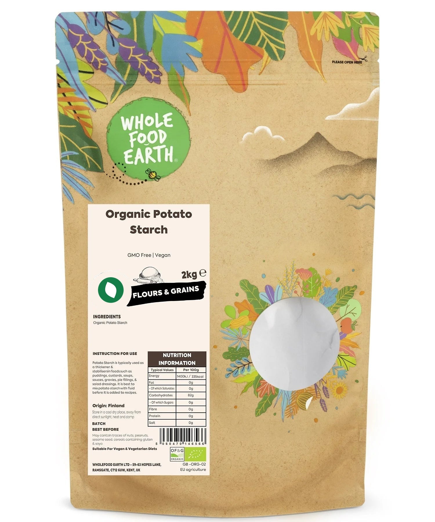 Organic potato starch from Whole Food Earth, showing a bag of GMO-free flours and grains, ideal for baking and cooking.