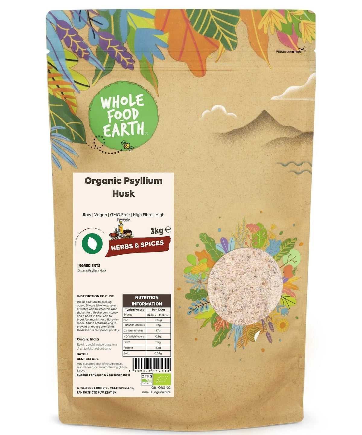 Organic Psyllium Husk from Whole Food Earth, raw blonde specialty fiber in a clear bag with loose husks visible inside.