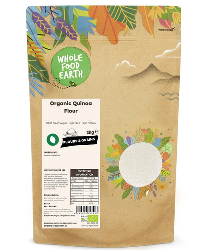 Organic quinoa flour by Whole Food Earth, showing a close-up of the light, fine gluten-free flour in a clear container.