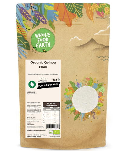 Organic quinoa flour from Whole Food Earth, GMO-free, in a natural, light-colored bag, ready for baking or cooking.