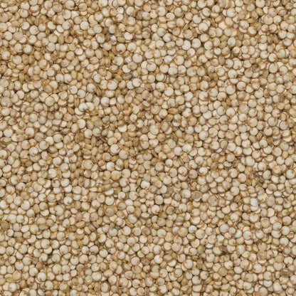 Raw organic quinoa grains from Whole Food Earth, non-GMO, in a clear bowl showing small, light-colored quinoa seeds.