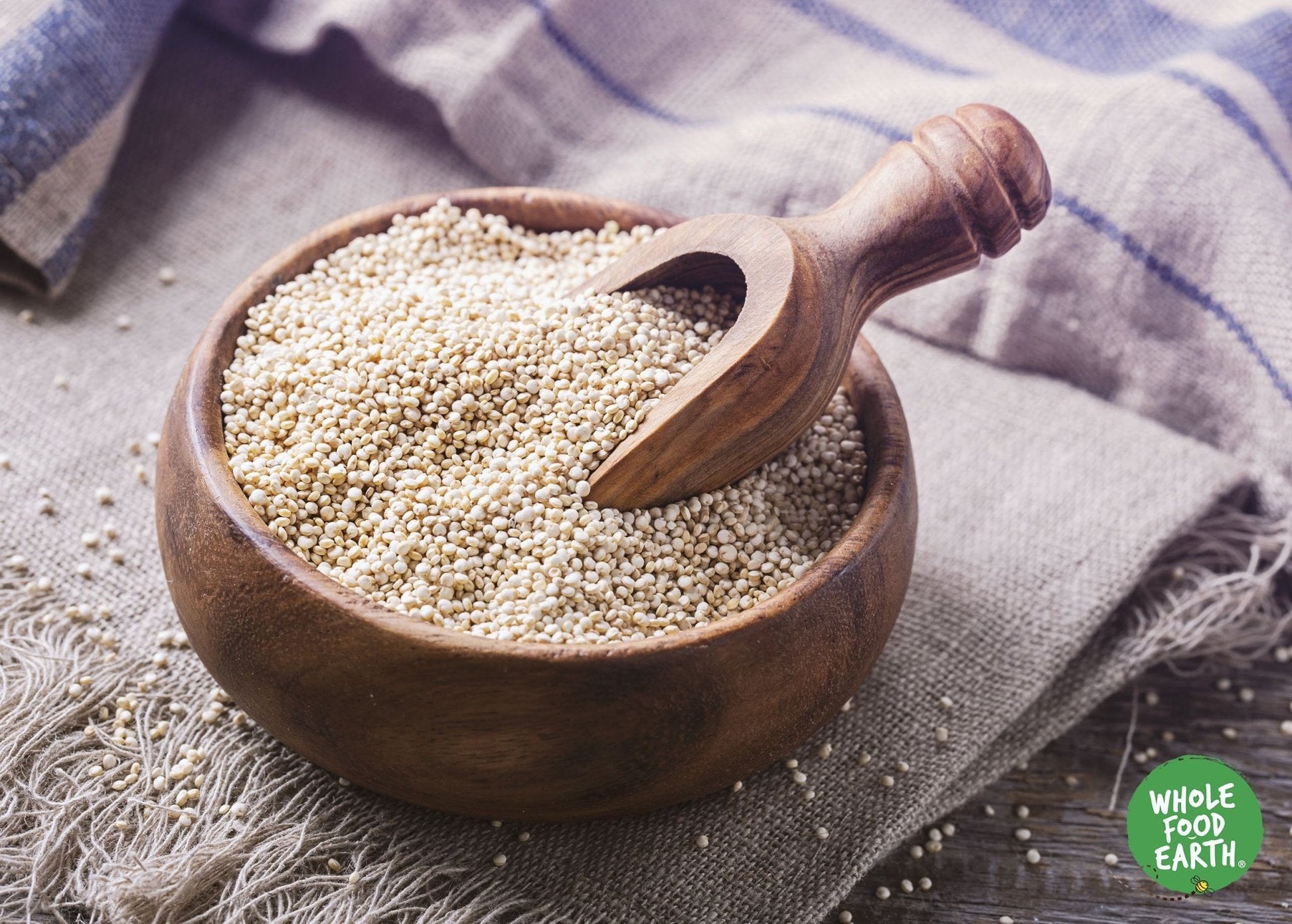 Raw organic quinoa grain from Whole Food Earth, GMO-free, shown in a close-up image highlighting its small, tan seeds.