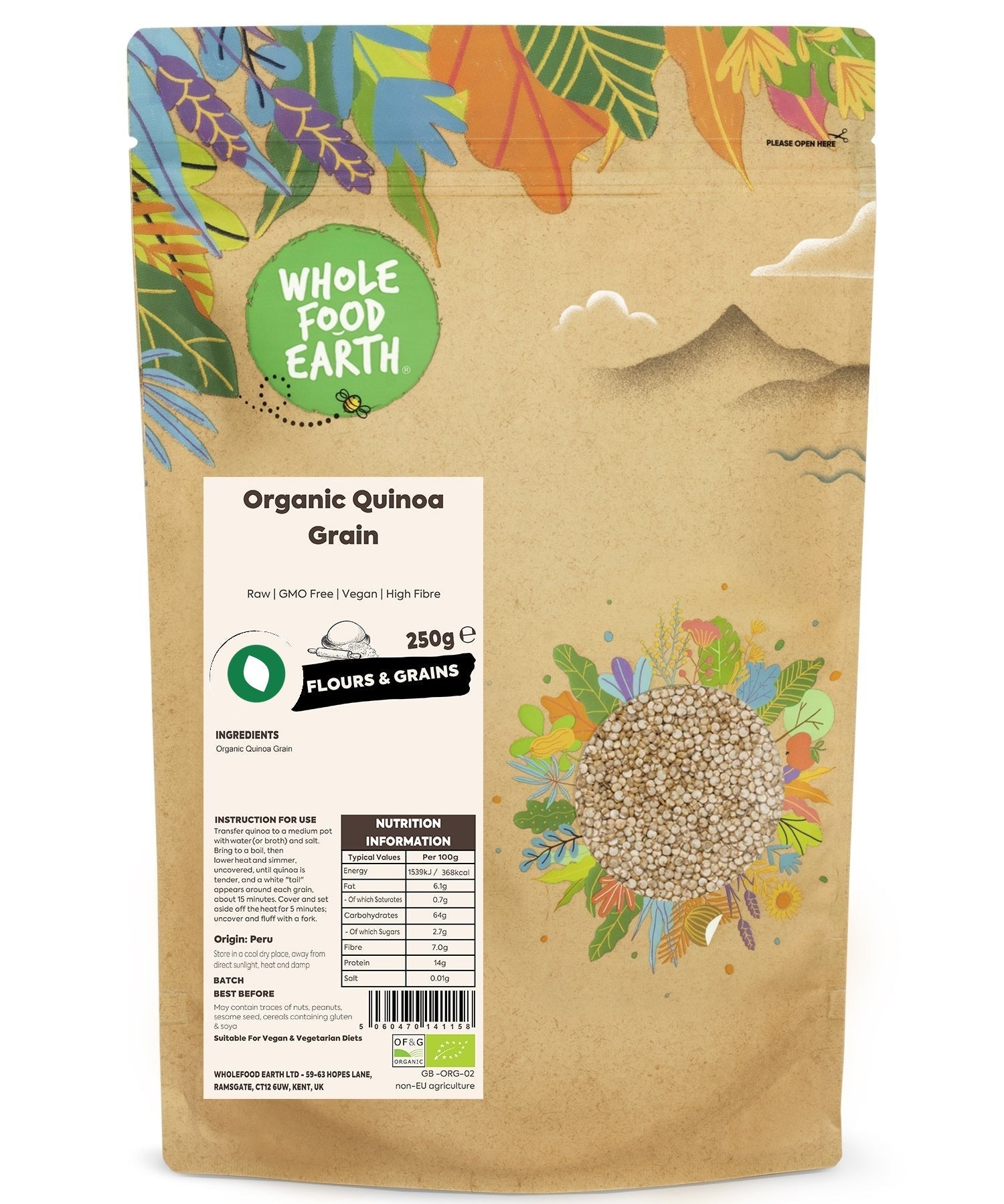 Raw organic quinoa grains from Whole Food Earth, GMO-free, natural whole food suitable for gluten-free cooking and healthy diets.