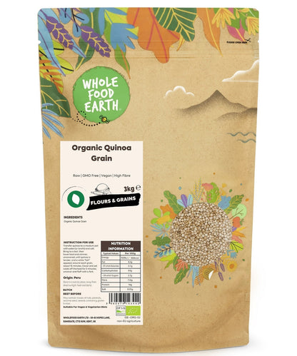 Raw organic quinoa grains from Whole Food Earth, non-GMO, natural whole food, in a clear bowl on a rustic surface.