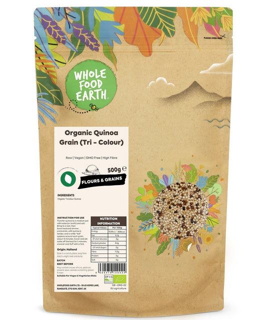 Raw organic tri-color quinoa grains from Whole Food Earth, showing mixed white, red, and black quinoa in a close-up shot.