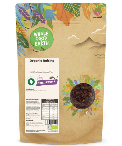 Organic raisins from Whole Food Earth, dried fruit with plump, golden raisins in a clear bowl, natural and GMO-free.