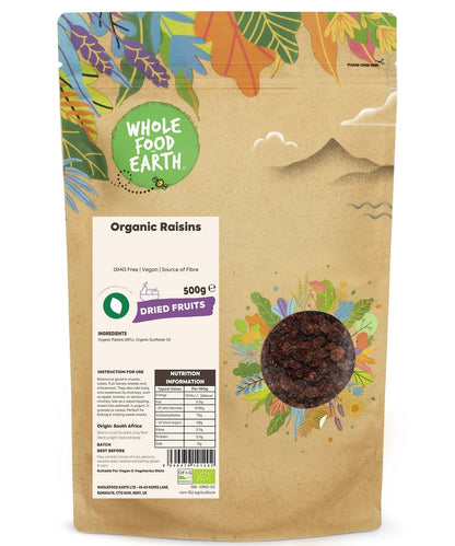 Organic raisins from Whole Food Earth, dried fruit with plump, golden-brown grapes, non-GMO and naturally sweet.