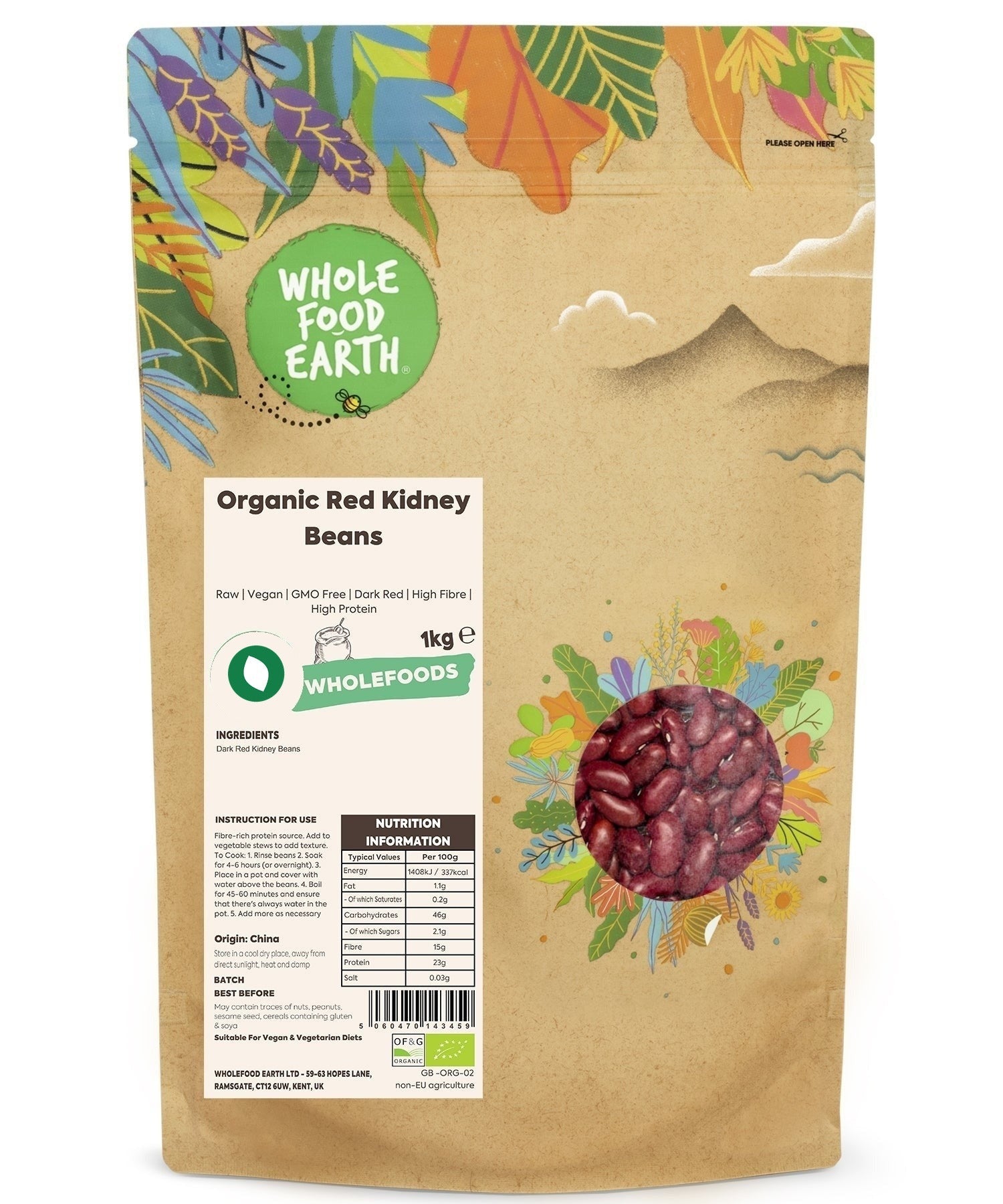 Raw organic red kidney beans from Whole Food Earth, in a bowl, showcasing their vibrant red color and smooth texture.