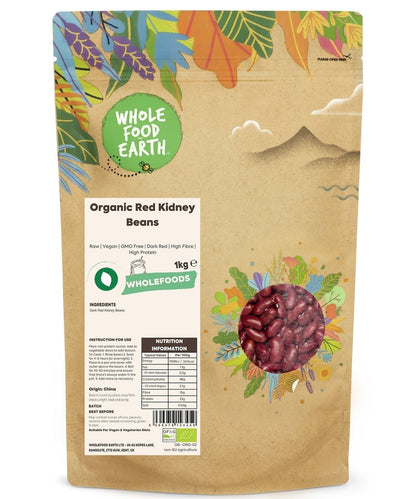 Raw organic red kidney beans from Whole Food Earth, in a bowl, showcasing their vibrant red color and smooth texture.