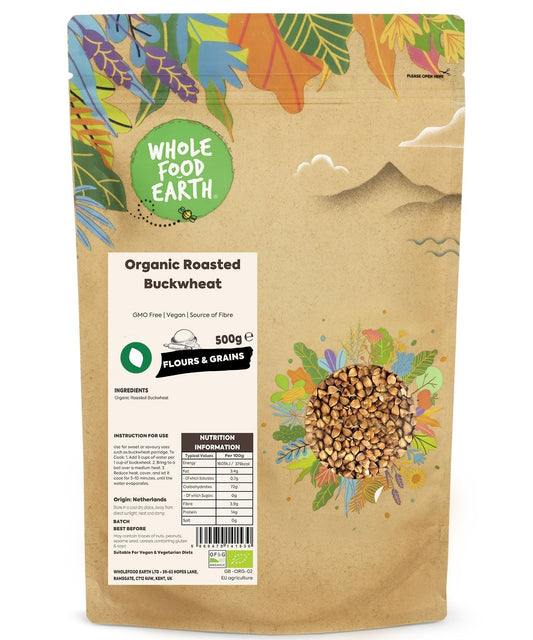 Organic roasted buckwheat grain from ArtisanBox, showing light brown, toasted buckwheat kernels on a neutral background.