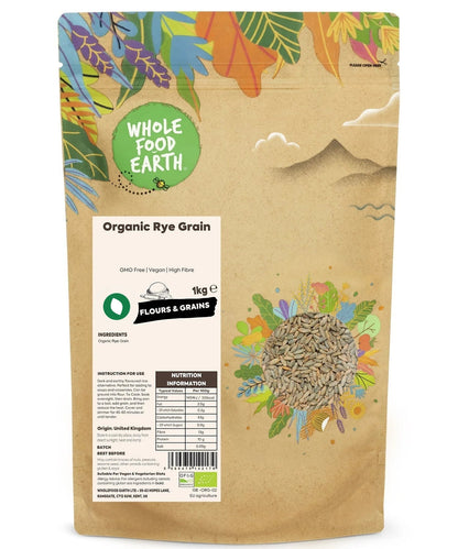 Organic rye grain from Whole Food Earth, GMO-free, showing a close-up of whole rye kernels for baking and cooking.