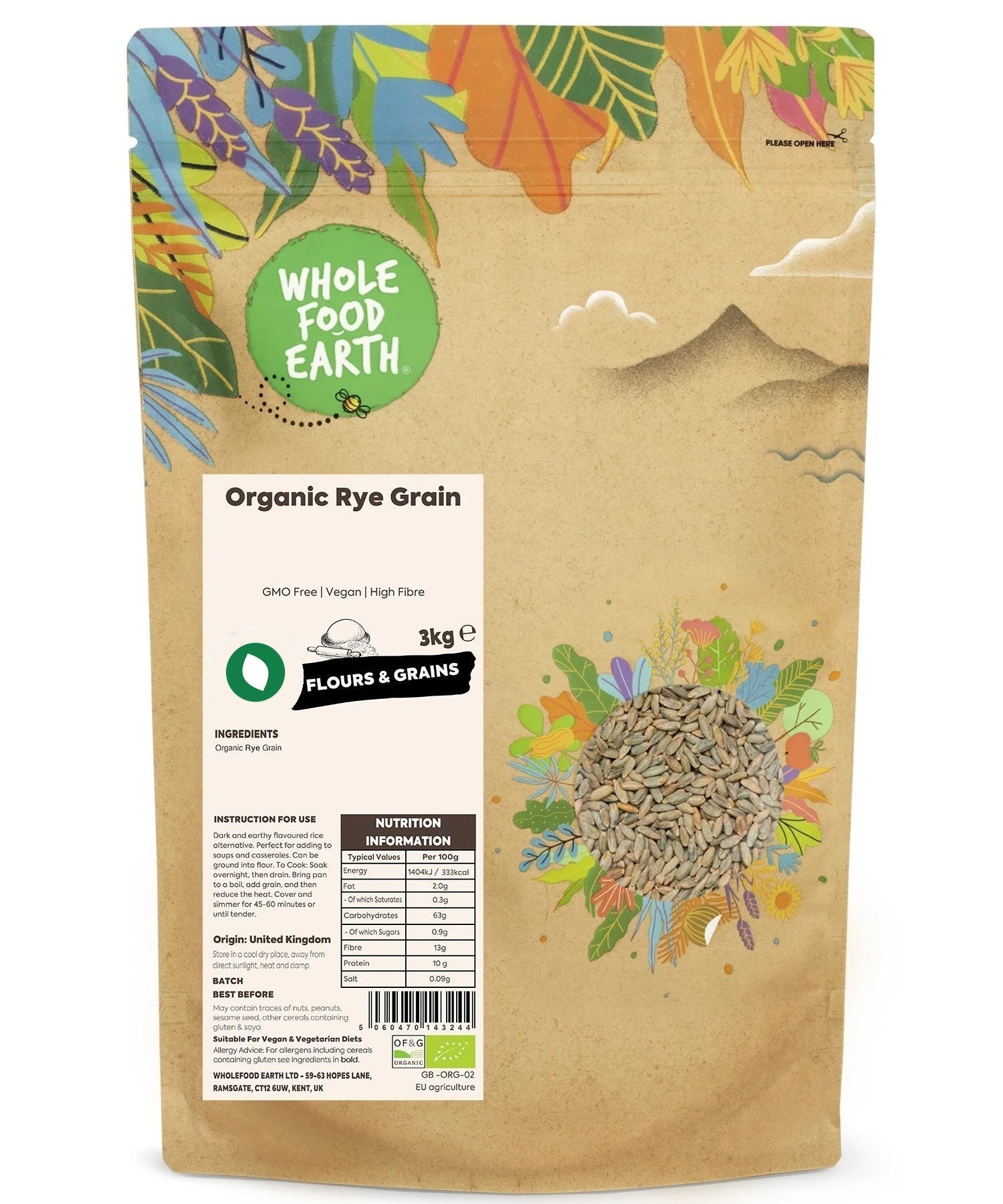 Organic rye grain from Whole Food Earth, GMO-free, showing whole, unprocessed rye kernels for baking and cooking.