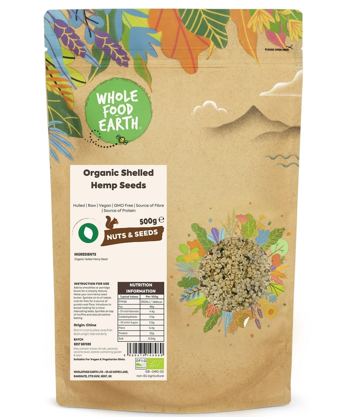 Organic shelled hemp seeds from Whole Food Earth, raw and nutty, perfect for adding to smoothies, salads, or snacks.