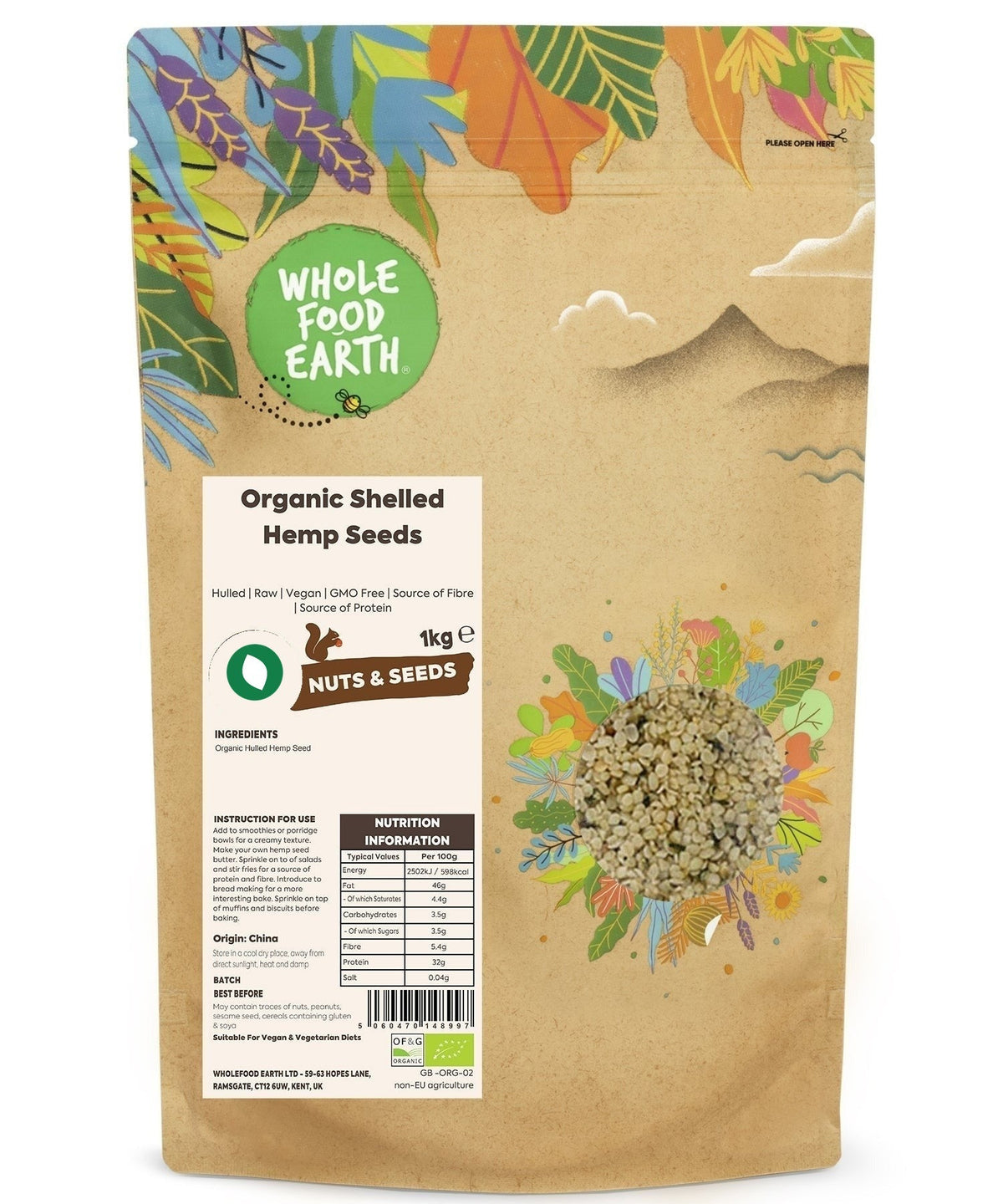 Raw organic shelled hemp seeds from Whole Food Earth, showing small, cream-colored nuts in a close-up shot.