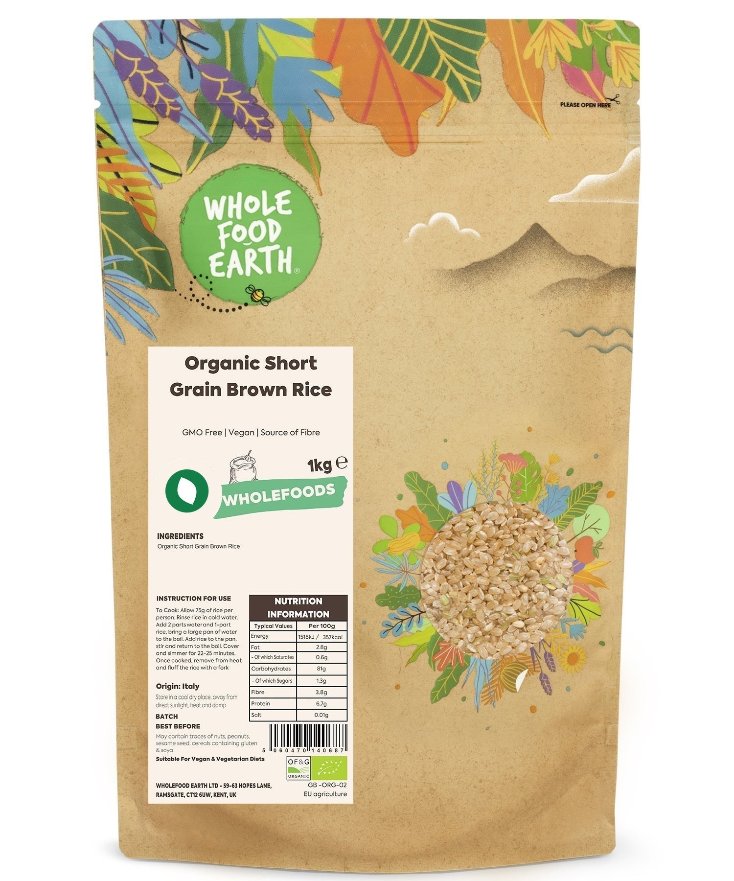 Organic short grain brown rice from Whole Food Earth, showing a close-up of the textured, raw rice grains in a bowl.