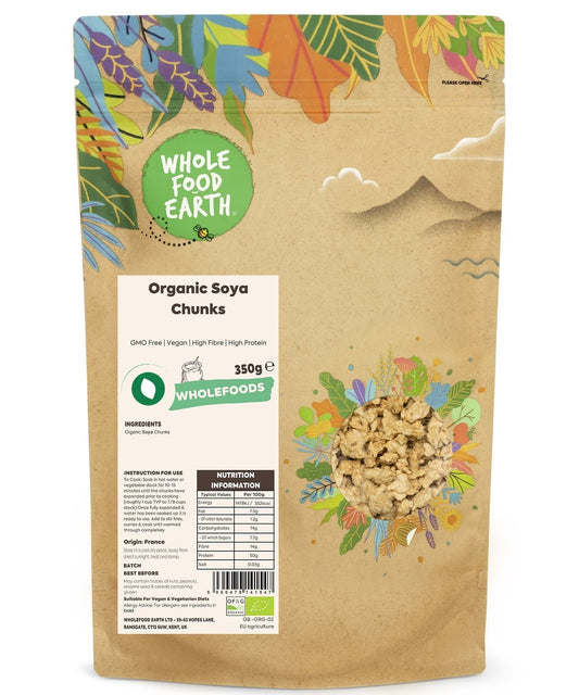 Whole organic soya chunks from ArtisanBox, GMO-free soy protein pieces in a natural state.