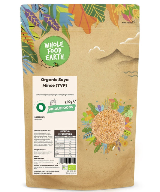 Organic Soya Mince (TVP) from ArtisanBox, showing a close-up of the GMO-free soy protein in its raw form.