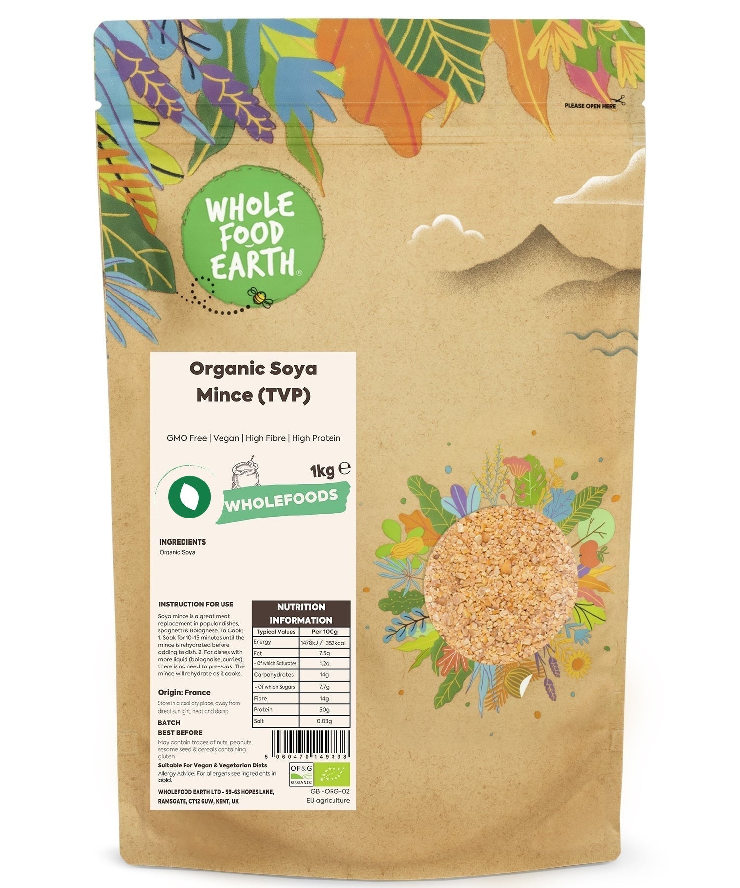 Organic Soya Mince (TVP) from Whole Food Earth, GMO-free, used as rice and couscous substitute in plant-based dishes.