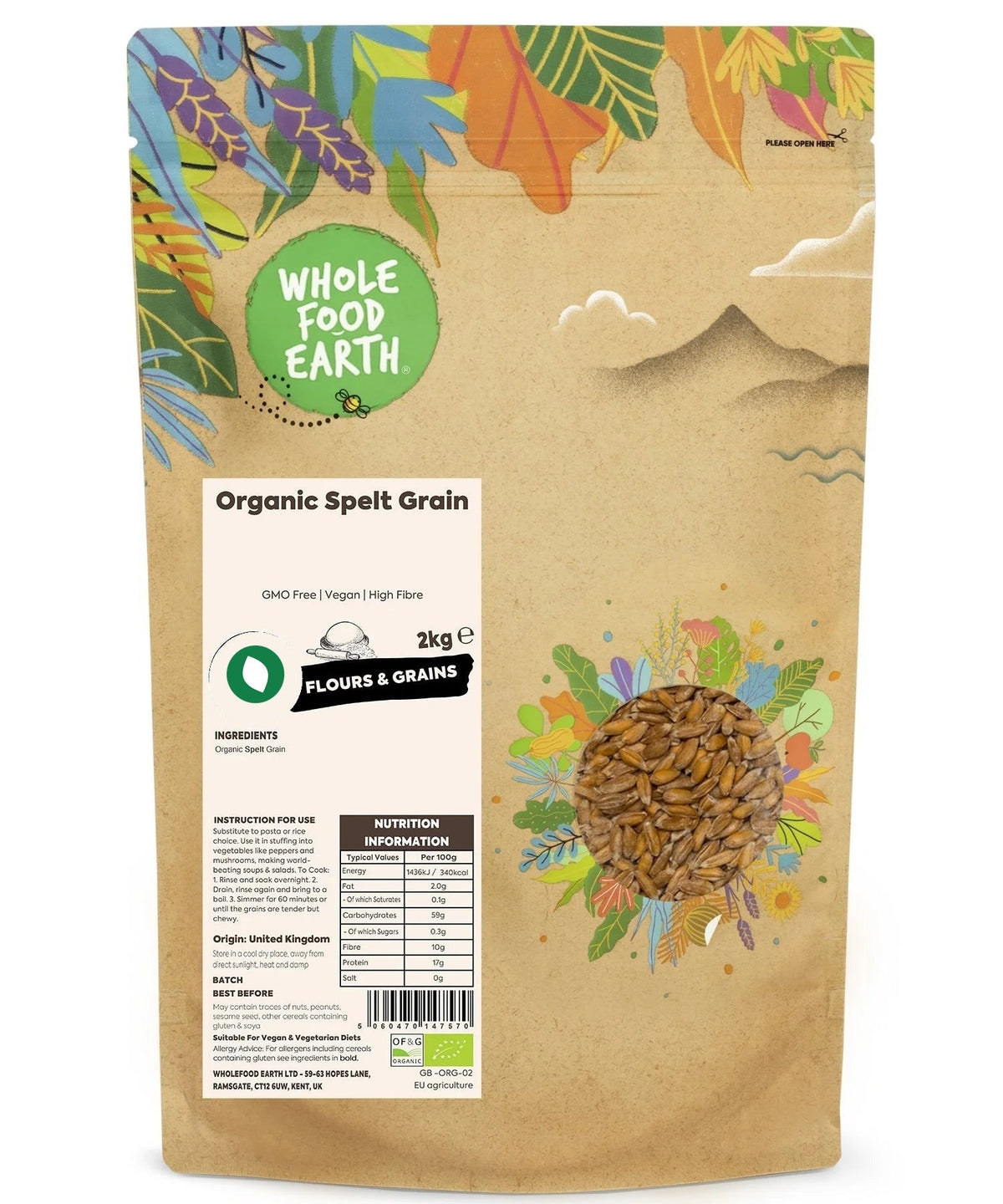 Organic spelt grain from Whole Food Earth, showing whole, unprocessed spelt grains in a natural, rustic setting.
