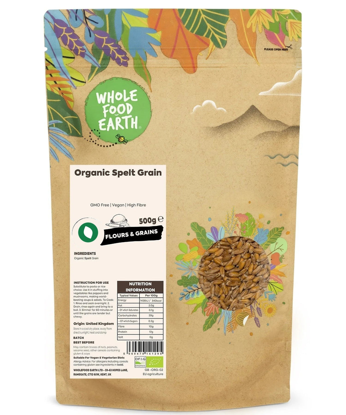 Organic spelt grain from Whole Food Earth, showing whole, unprocessed GMO-free spelt grains in a natural state.