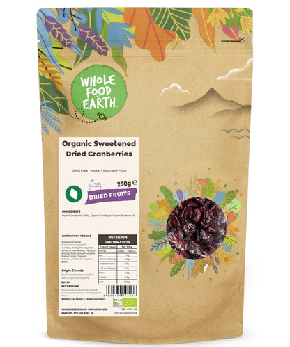 Organic sweetened dried cranberries from Whole Food Earth, close-up of vibrant, chewy dried fruit in a clear container