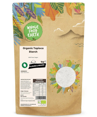 Organic Tapioca Starch from Whole Food Earth, gluten-free flour made from GMO-free tapioca roots in a resealable bag.