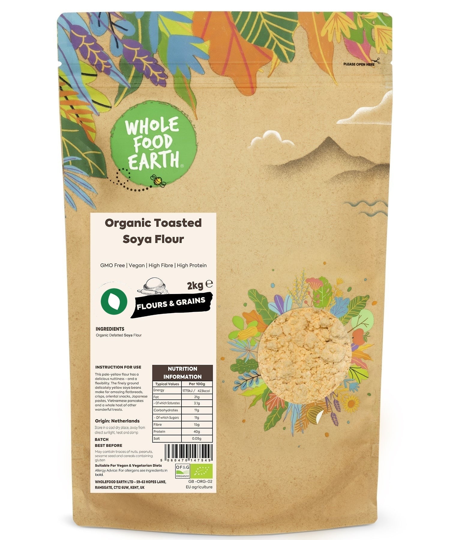 Organic toasted soya flour from Whole Food Earth, GMO-free, in a clear bowl showing the light brown, toasted soy product.