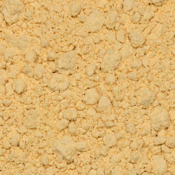Organic toasted soya flour from Whole Food Earth, showing a close-up of the light brown, textured flour in a bowl.