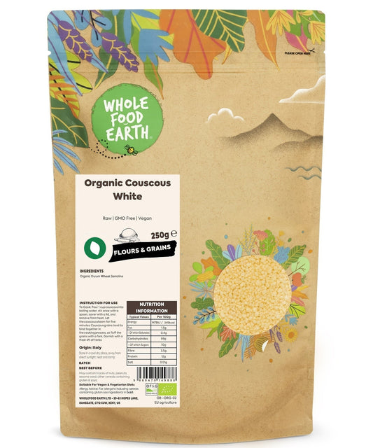 Organic white couscous from ArtisanBox, raw and GMO-free, shown in a close-up image highlighting its fine, fluffy texture.