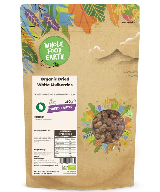 Whole organic white mulberries from ArtisanBox, showing fresh, plump berries in a natural setting.