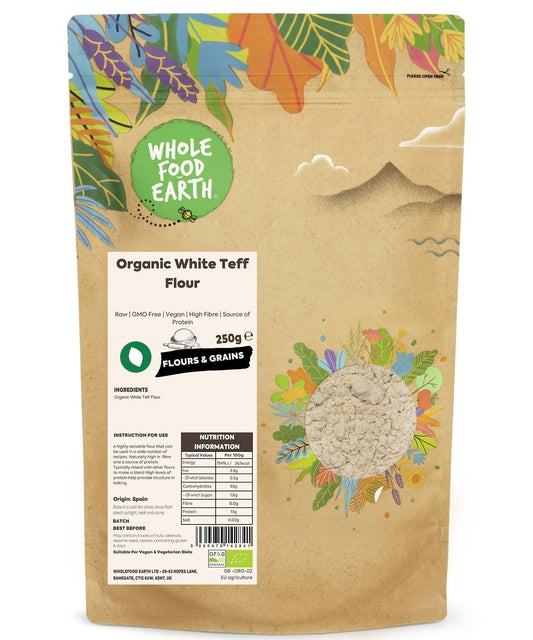 Organic White Teff Flour from Whole Food Earth, showcasing a bag of gluten-free, high-nutrition teff flour on a wooden surface.