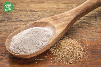 Organic White Teff Flour from Whole Food Earth, raw, GMO-free, vegan, low GI, in a clear bag showing fine white flour.