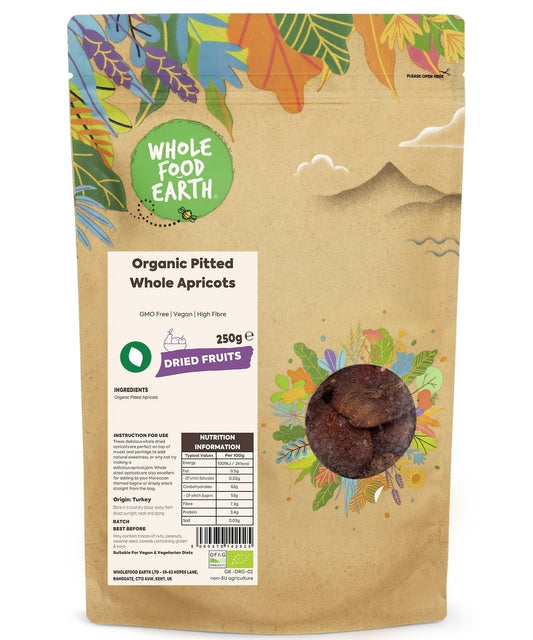 Organic dried whole apricots from Whole Food Earth, showing plump, pitted apricots with a natural, textured surface.