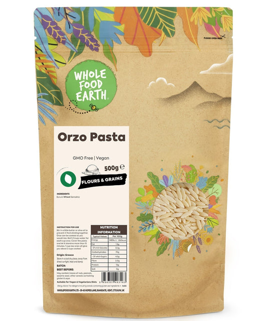 Whole Food Earth orzo pasta made from non-GMO, vegan-friendly grains, displayed in a bowl with cooked pasta and fresh herbs.