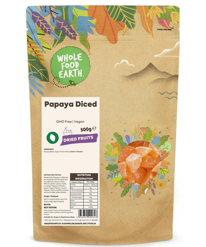 Dried diced papaya from Whole Food Earth, GMO-free vegan dried fruit with bright orange pieces on a white background.