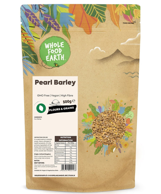 Whole pearl barley from ArtisanBox, GMO-free, vegan-friendly wholefood grain, shown in a natural, close-up view.