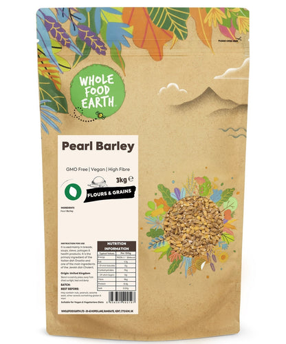 Whole Food Earth pearl barley in a bag, GMO-free vegan grains, suitable for cooking and healthy meals.