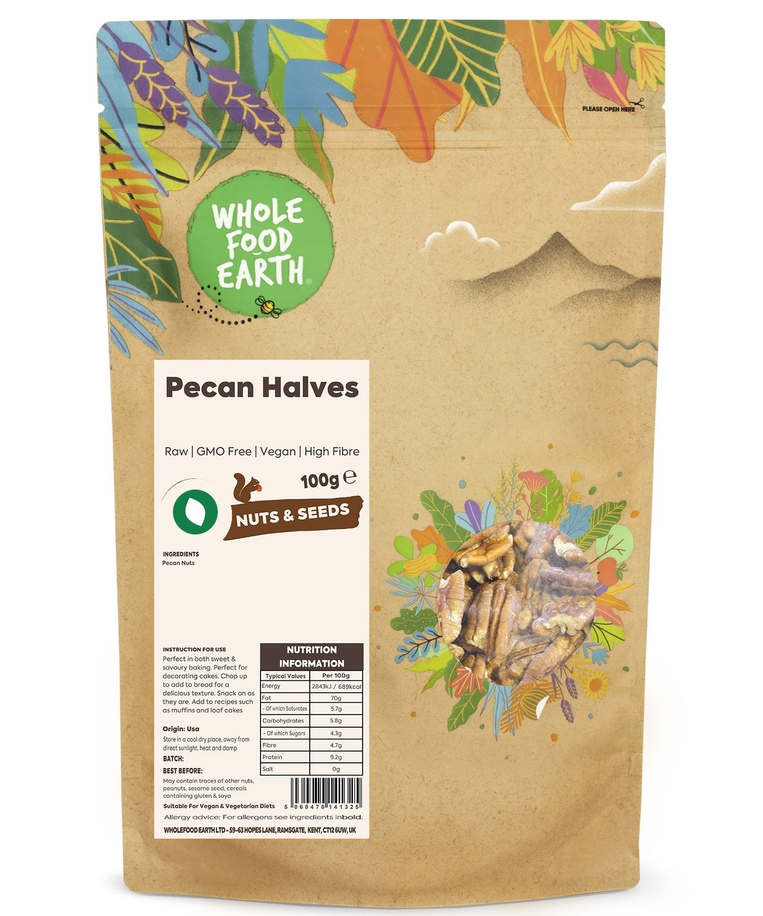 Raw pecan halves from Whole Food Earth, GMO-free nuts and seeds, shown in a close-up image highlighting their natural texture.