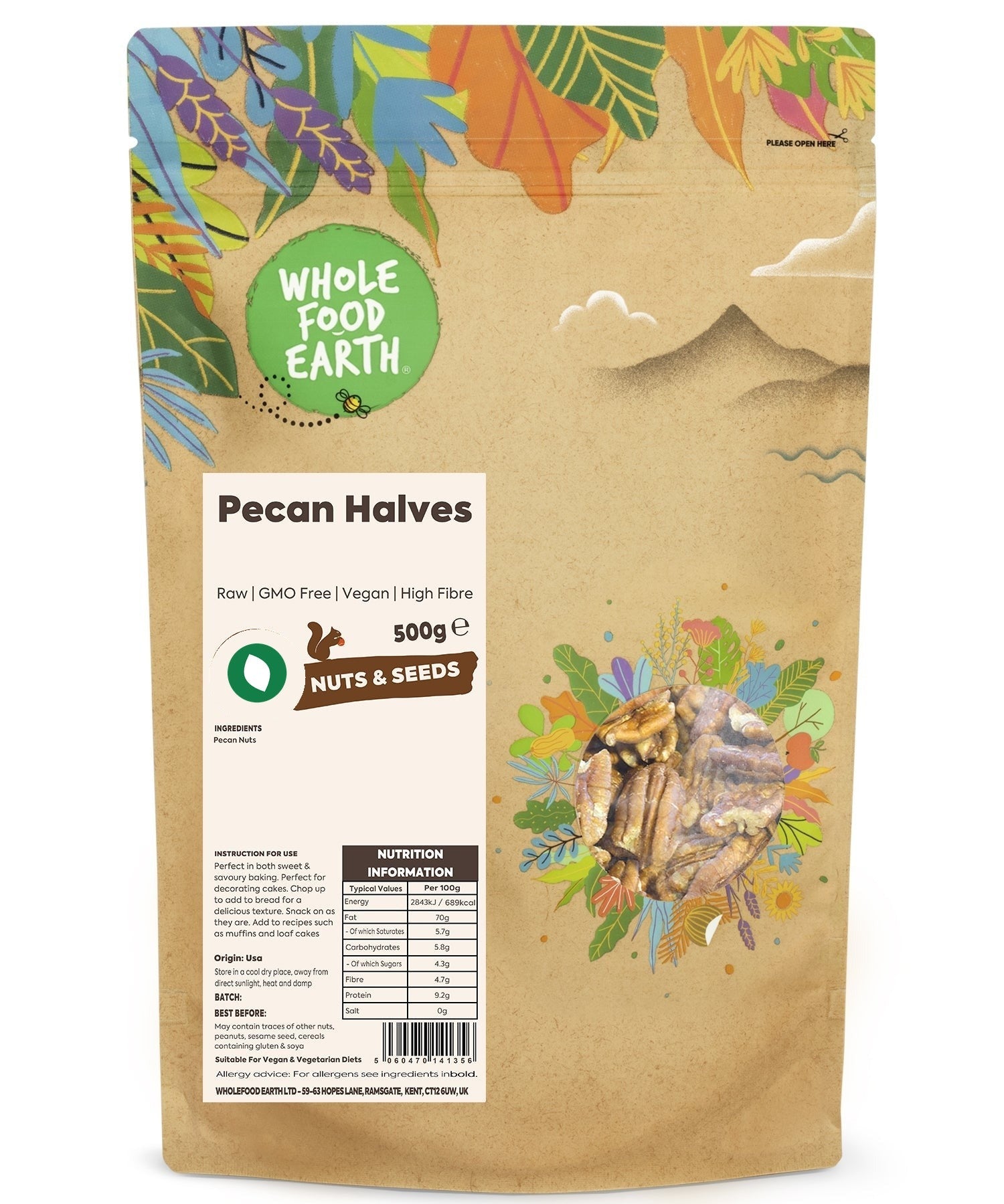 Raw Whole Food Earth pecan halves, GMO-free nuts and seeds, showing a close-up of the crunchy, natural pecan halves.