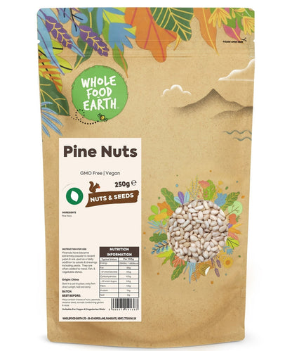 Whole Food Earth pine nuts, GMO-free, in a bowl, showcasing small, ivory-colored seeds from the Nuts & Seeds category.