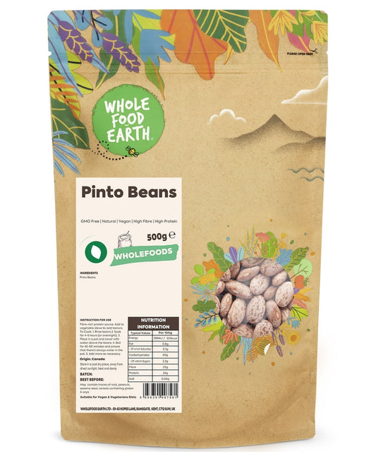 Whole Food Earth GMO-free natural pinto beans, a type of beans and pulses, shown in a close-up image.