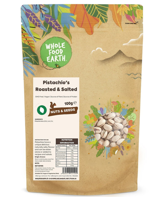 Whole roasted and salted pistachios from ArtisanBox, showing vibrant green nuts in their shells on a white background.