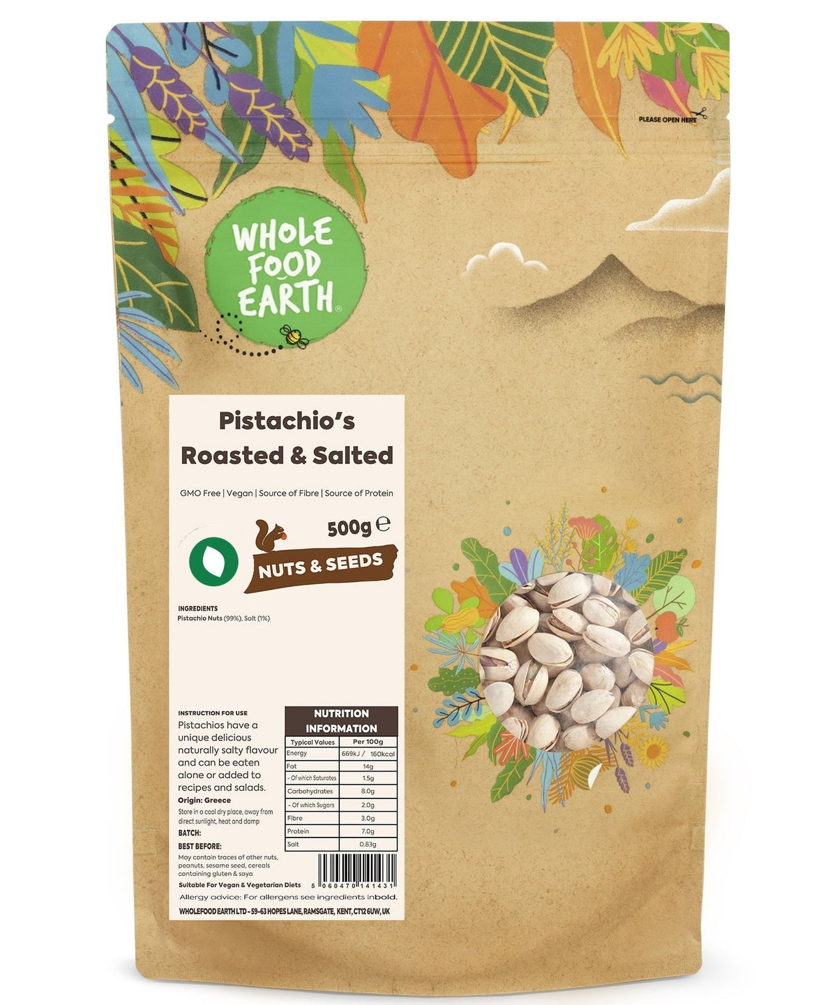 Roasted and salted pistachios in a bowl, Whole Food Earth Nuts & Seeds product, showing green and salted nut kernels.