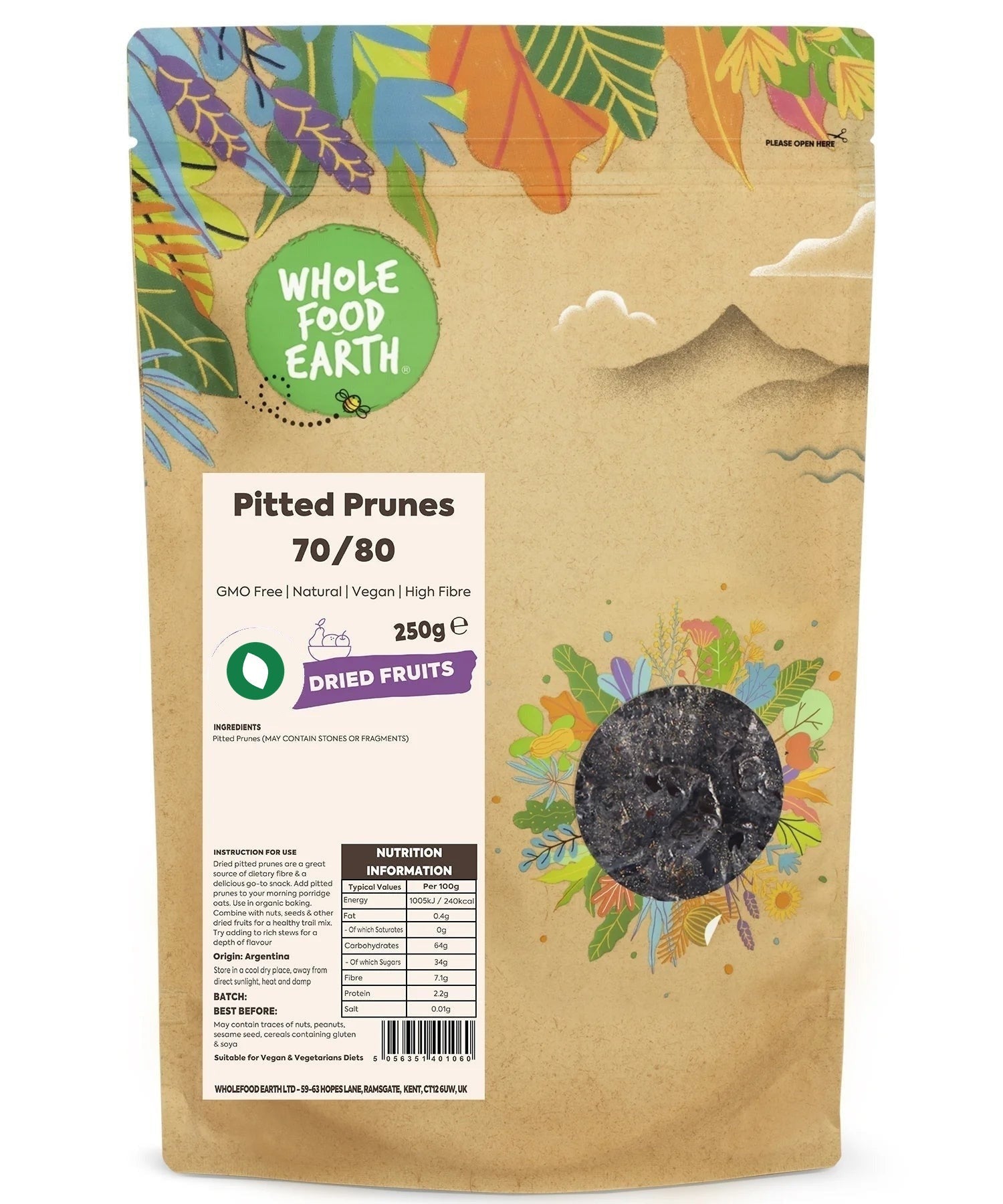 Pitted medium-sized dried prunes from Whole Food Earth, GMO-free, in a 70-80g package, showing glossy, dark fruit pieces.