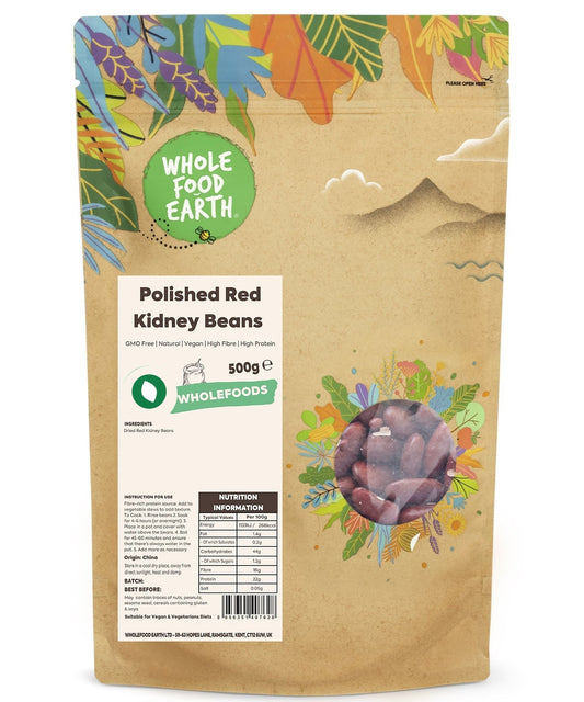 Polished red kidney beans from Whole Food Earth, GMO-free, in a close-up image showing their shiny, smooth surface.