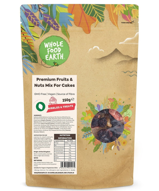 Wholefood Earth Premium Fruits and Nuts Mix for Cakes, showing a colorful assortment of dried fruits and chopped nuts for baking.