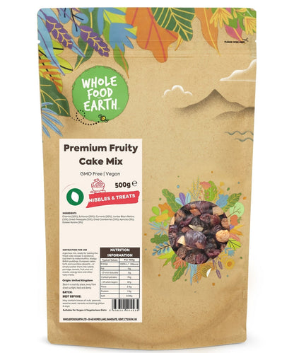 Whole Food Earth premium fruity cake mix, a specialty baking product with vibrant fruit pieces and GMO-free ingredients.