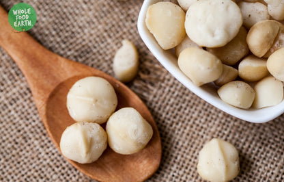 Whole Food Earth raw macadamias, large whole premium-grade nuts, natural, GMO-free, vegan, dairy-free, no added sugar.