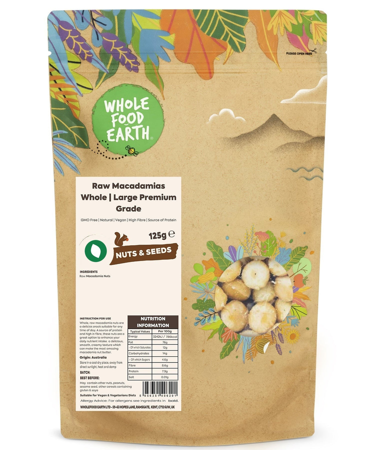 Whole Food Earth raw macadamias, large premium whole nuts, showcasing their creamy, light-colored shells and natural texture.