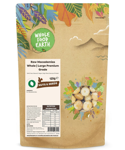Whole Food Earth raw macadamias, large premium whole nuts, showcasing their creamy, light-colored shells and natural texture.